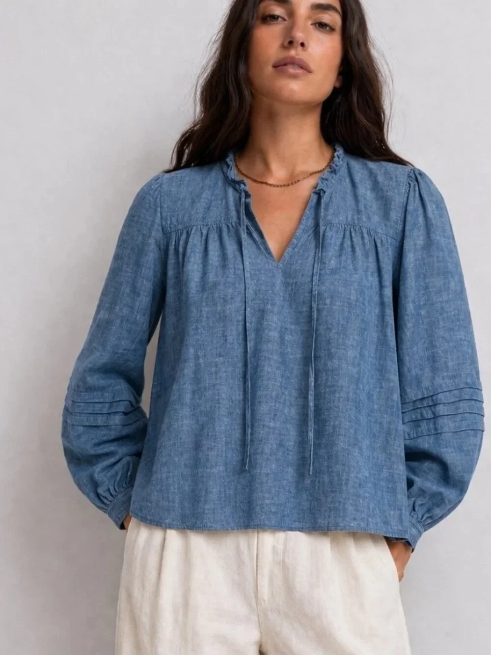 J.Crew Popover Chambray Ruffle Neck Peasant Top Womens XXS Long Sleeve Cotton - Picture 2 of 16